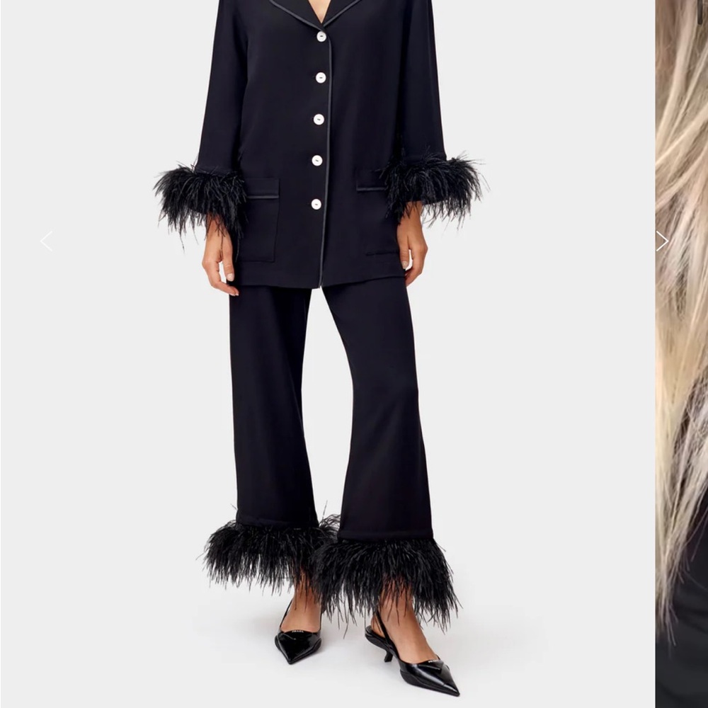 Sleeper Black Wide Leg Feather Trim Pants